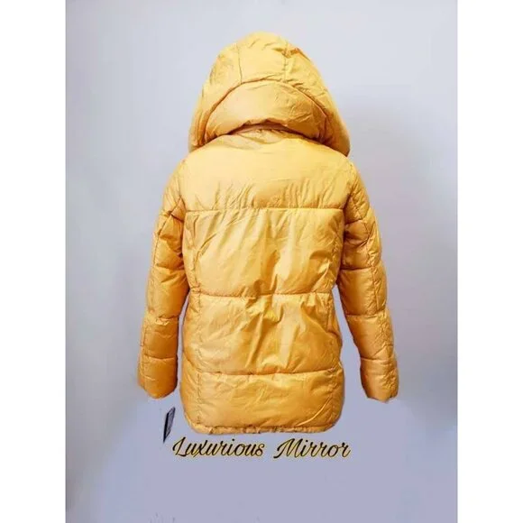 Steve Madden Women's Puffer Jacket Yellow Full Zip Hooded Mock Neck New Sz L - Picture 4 of 9